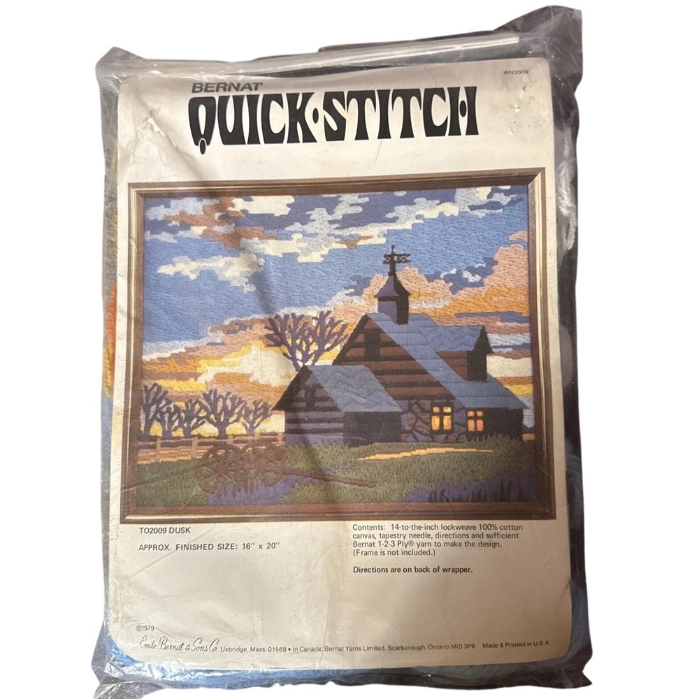 Bernat Quick Stitch Dusk Cross Stitch Kit 1979 17" x 20" Log Cabin NEW OLD STOCK